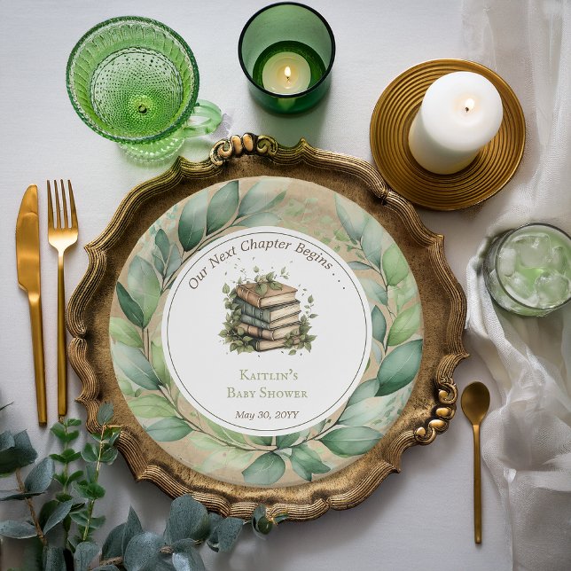 Plato De Papel Libros Nuestro Próximo Capítulo Comienza Baby Show (Rustic Vintage Look Elegance "Our Next Chapter Begins . . ." Books Leaves Baby Shower Paper Plates)