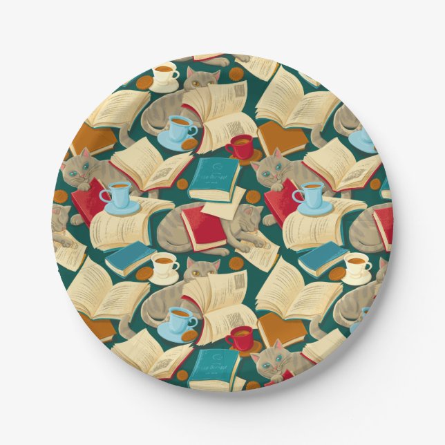 Plato De Papel Libros y gatos (Anverso)