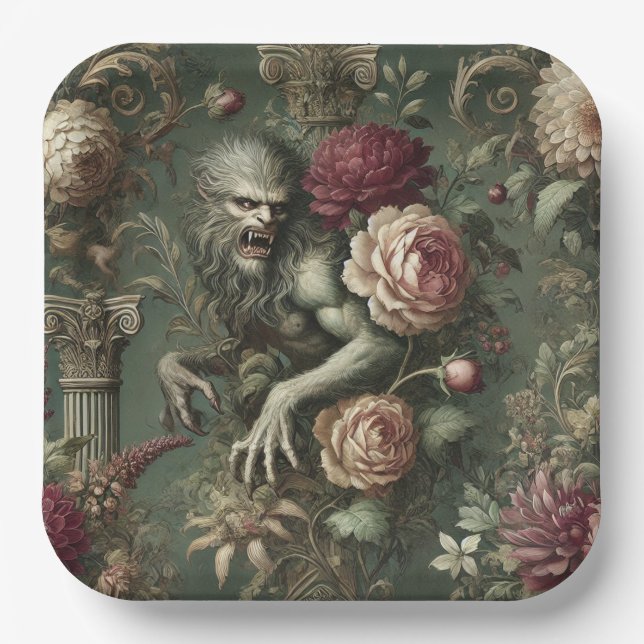 Plato De Papel Licantrópico Verde – Diseño Floral Gótico (Anverso)