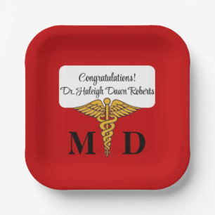 Plato De Papel Licenciatura en Medicina Caduceus Red & Gold