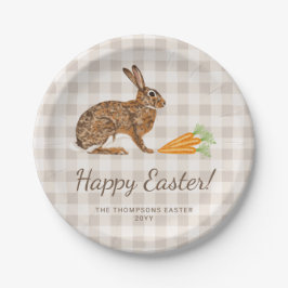 Plato De Papel Liebre Marrón y Zanahorias Feliz Pascua Cuadros Be