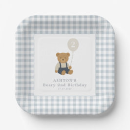 Plato De Papel Light Blue Gingham Teddy Bear Birthday Party