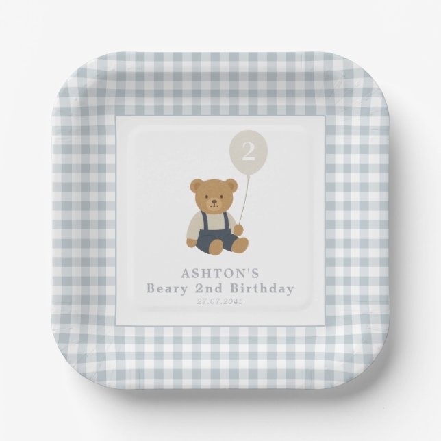 Plato De Papel Light Blue Gingham Teddy Bear Birthday Party (Anverso)