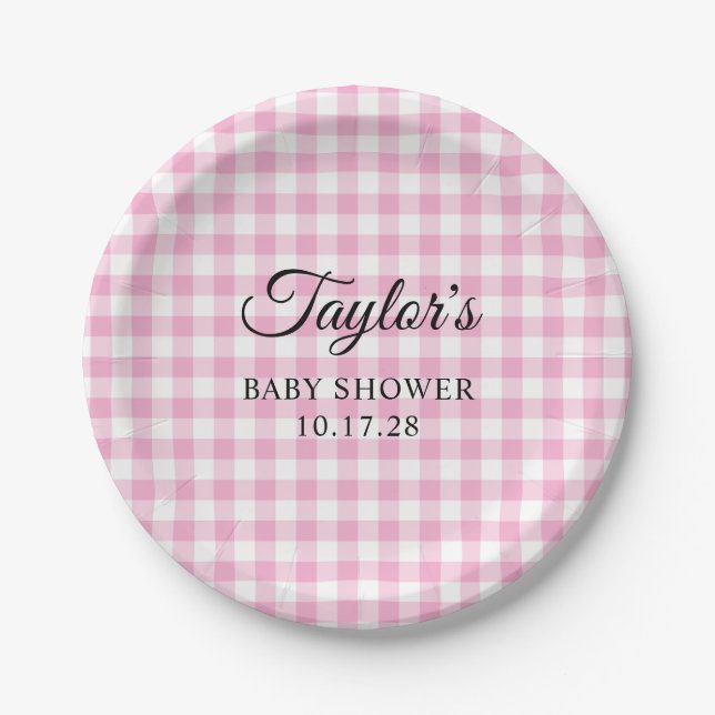 Plato De Papel Light Pink Gingham Plaid Baby Shower (Anverso)