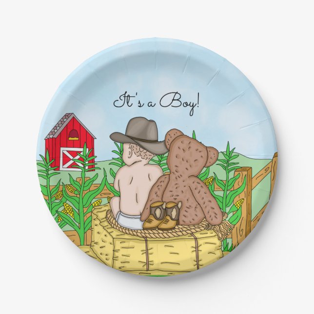 Plato De Papel Lil' Cowboy y Teddy Bear Baby Shower (Anverso)