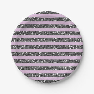 Plato De Papel Lila Lavanda Purpura Plata Brillo Rayas Fiesta