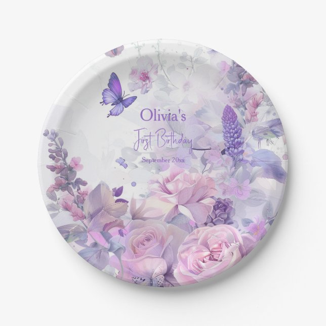 Plato De Papel Lilac Butterfly Watercolor Disposable (Anverso)