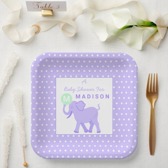 Plato De Papel Lilac Circus Cute Elephant Fun Baby Shower Square (Boda)