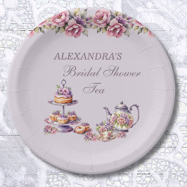 Plato De Papel Lilac Fiesta de té floral rosa de novia