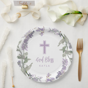Plato De Papel Lilac Flor salvaje Wreath & Cross Baptism God Bles