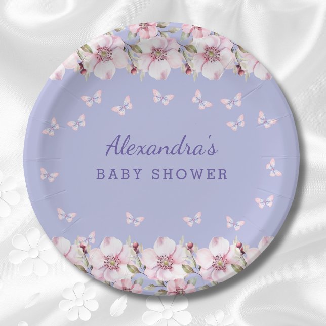 Plato De Papel Lilac Floral Mariposa rosa Baby Shower (Subido por el creador)