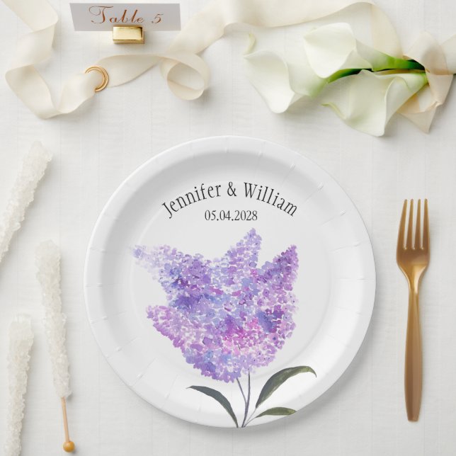 Plato De Papel Lilac Flowers Watercolor Floral Wedding (Boda)