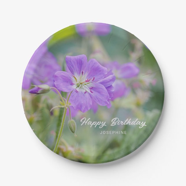 Plato De Papel Lilac Geranium Wildflower Foto Feliz cumpleaños (Anverso)