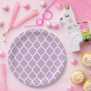 Plato De Papel Lilac Morado y Quatrefoil marroquí blanco