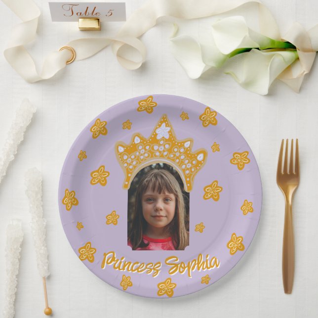 Plato De Papel Lilac Purple Princess Crown Floral Photo Birthday (Boda)