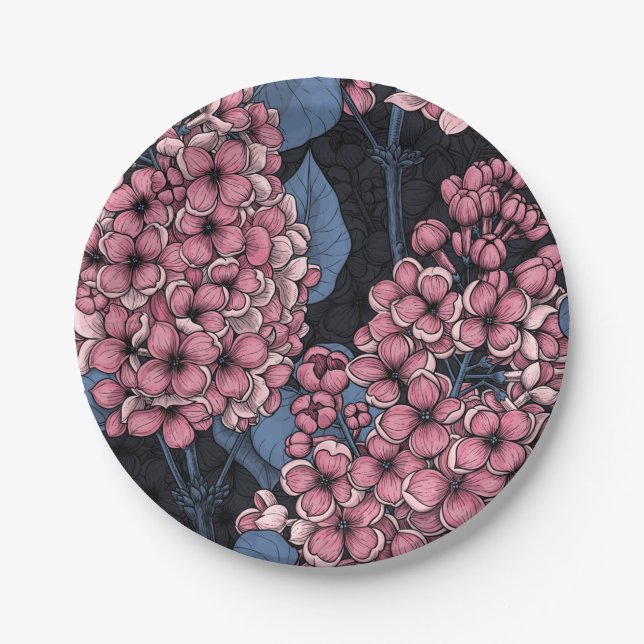 Plato De Papel Lílago rosado sobre azul oscuro (Anverso)