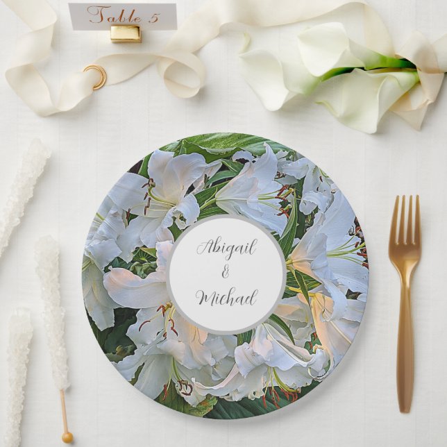 Plato De Papel Lilies Blancos Pareja Boda Nombres Floral (Boda)