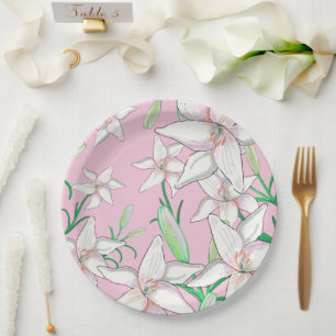Plato De Papel Lillies blancos sobre el Ilustracion de fondo rosa
