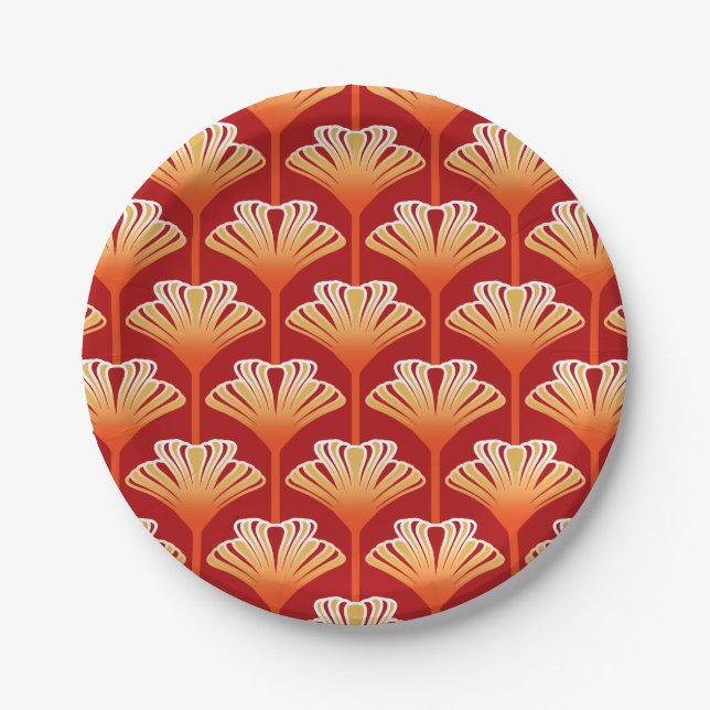 Plato De Papel Lily Art Deco, Naranja Tangerine y Oro (Anverso)