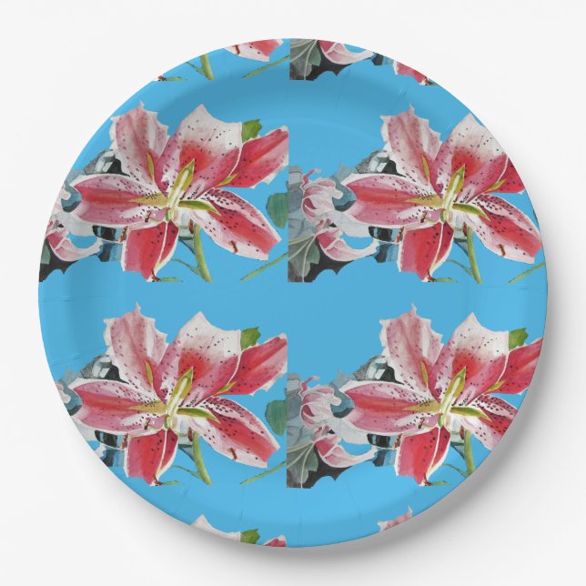Plato De Papel Lily azul Floral Flores Fiesta Papel Plate (Anverso)