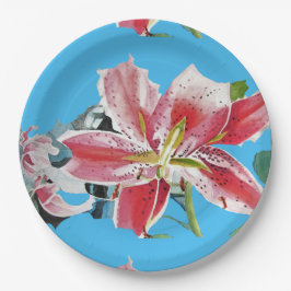 Plato De Papel Lily azul Floral Flores Fiesta Papel Plate