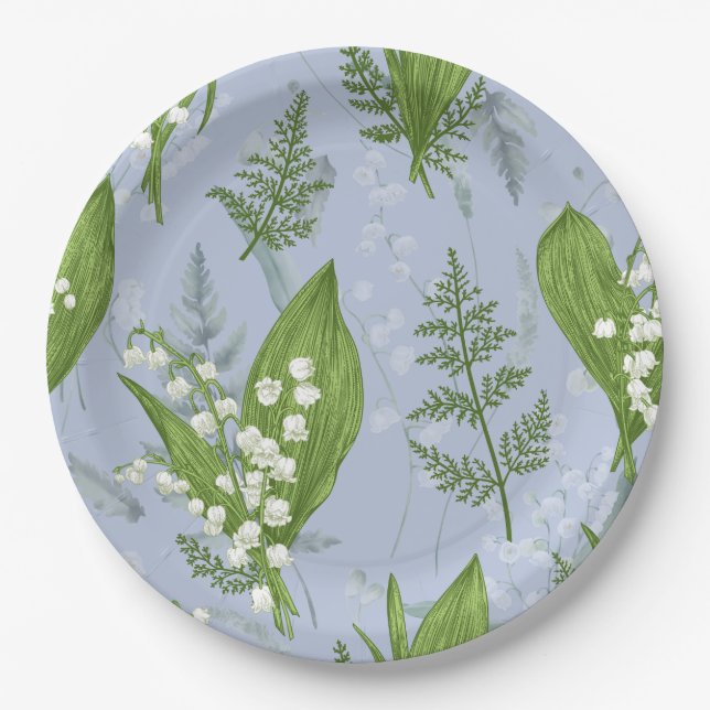 Plato De Papel Lily of Valley con Ferns || Azul Claro (Anverso)