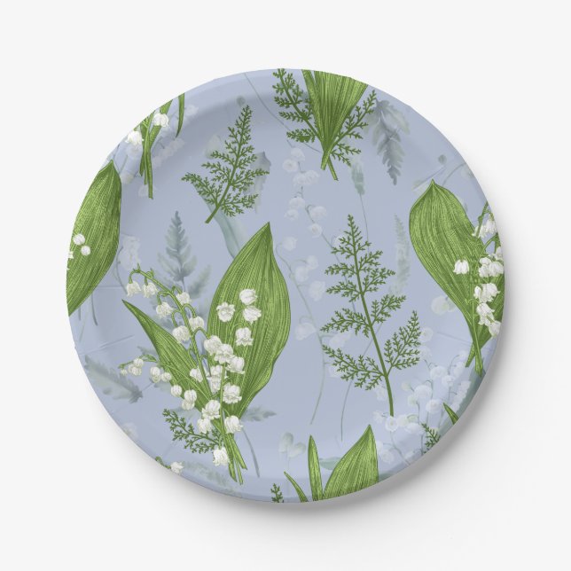 Plato De Papel Lily of Valley con Ferns || Azul Claro (Anverso)