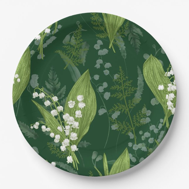 Plato De Papel Lily of Valley con Ferns || Verde oscuro (Anverso)