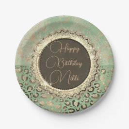 Plato De Papel LIme Green Marble Purpurinoso Leopard Birthday