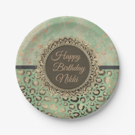 Plato De Papel LIme Green Marble Purpurinoso Leopard Birthday