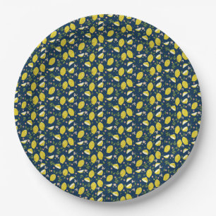 Plato De Papel Limón amarillo azul fruto verano brillante