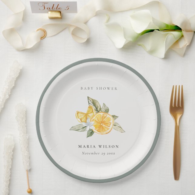 Plato De Papel Limón Botánico Mínimo Leafy Boho Baby Shower (Boda)