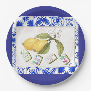 Plato De Papel limón mahjong azul