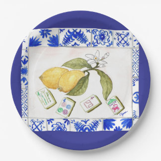 Plato De Papel limón mahjong azul