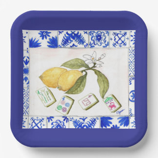 Plato De Papel limón mahjong azul