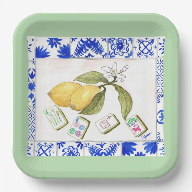 Plato De Papel limón mahjong green (Anverso)