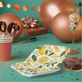 Plato De Papel Limón Prensado Realista&Patrón Floral BotánicoSqr