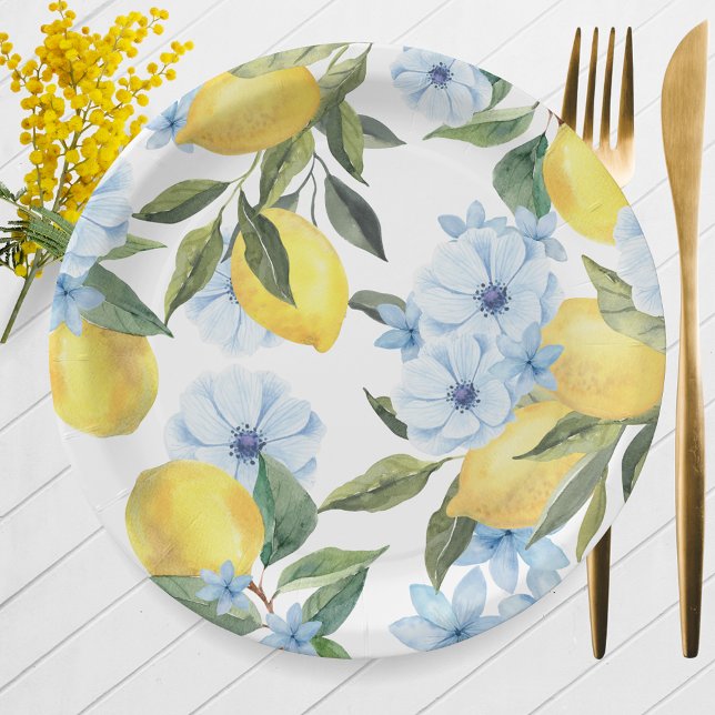 Plato De Papel Limon y Flor de Acuarela Blanca (Watercolor Lemon & Blue Flower Paper Plates for Main Squeeze Bridal Shower or Little Lemon Baby)