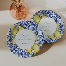 Plato De Papel Limones Amalfi Azulejos Blancos y Azules Regalo de