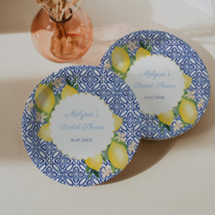 Plato De Papel Limones Amalfi Azulejos Blancos y Azules Regalo de