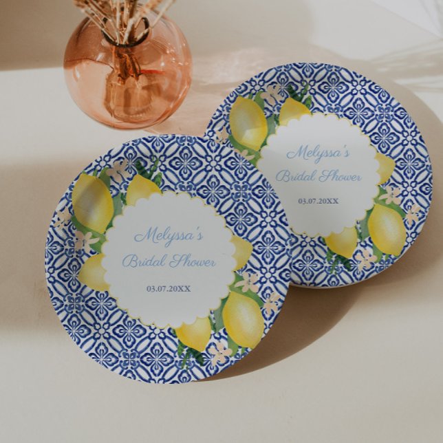 Plato De Papel Limones Amalfi Azules Blancos Baldosas Italia Desp (Amalfi Lemon Blue Tile Bridal Shower Party Paper Plates)