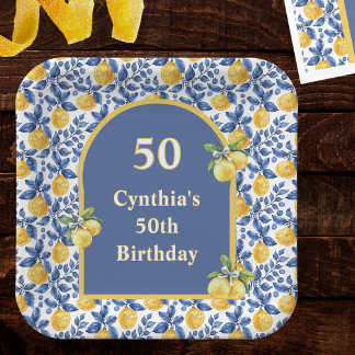 Plato De Papel Limones Amarillos Cumpleaños Azul Mediterráneo Ama