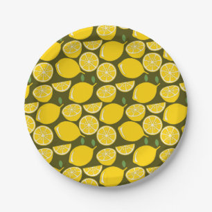 Plato De Papel Limones Amarillos y Patrón Verde Oliva: Citrus Mod