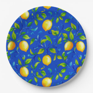 Plato De Papel Limones de jardín italiano soleado. Cielo azul.