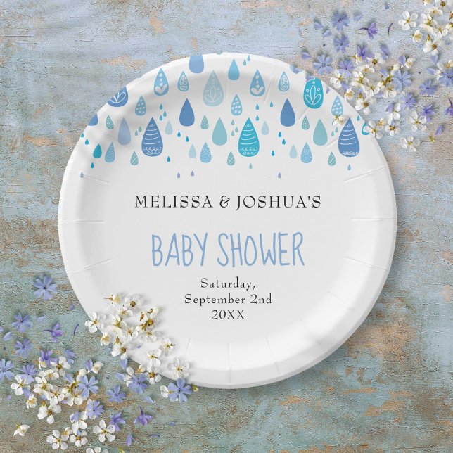Plato De Papel Lindas gotas de lluvia azules Sprinkle Baby Shower (Cute Blue Raindrops Couples Baby Shower Sprinkle Paper Plates)