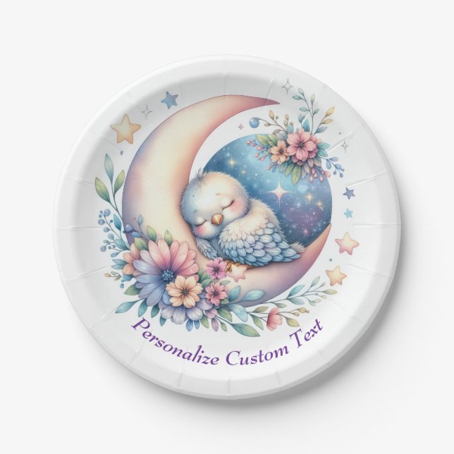 Plato De Papel Lindo Bebé Pájaro Durmiendo en la Luna (Anverso)