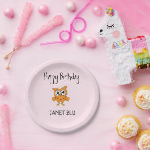 Plato De Papel Lindo búho naranja feliz cumpleaños sobre rosa