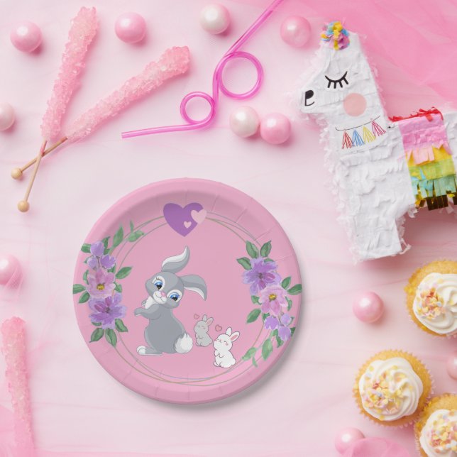 Plato De Papel Lindo conejo de Pascua rosa con bebés (Fiesta)