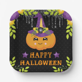 Plato De Papel Lindo Floral de Calabaza Feliz Halloween