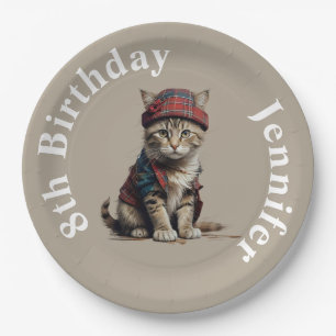 Plato De Papel lindo gato de cumpleaños con disfraz escocés